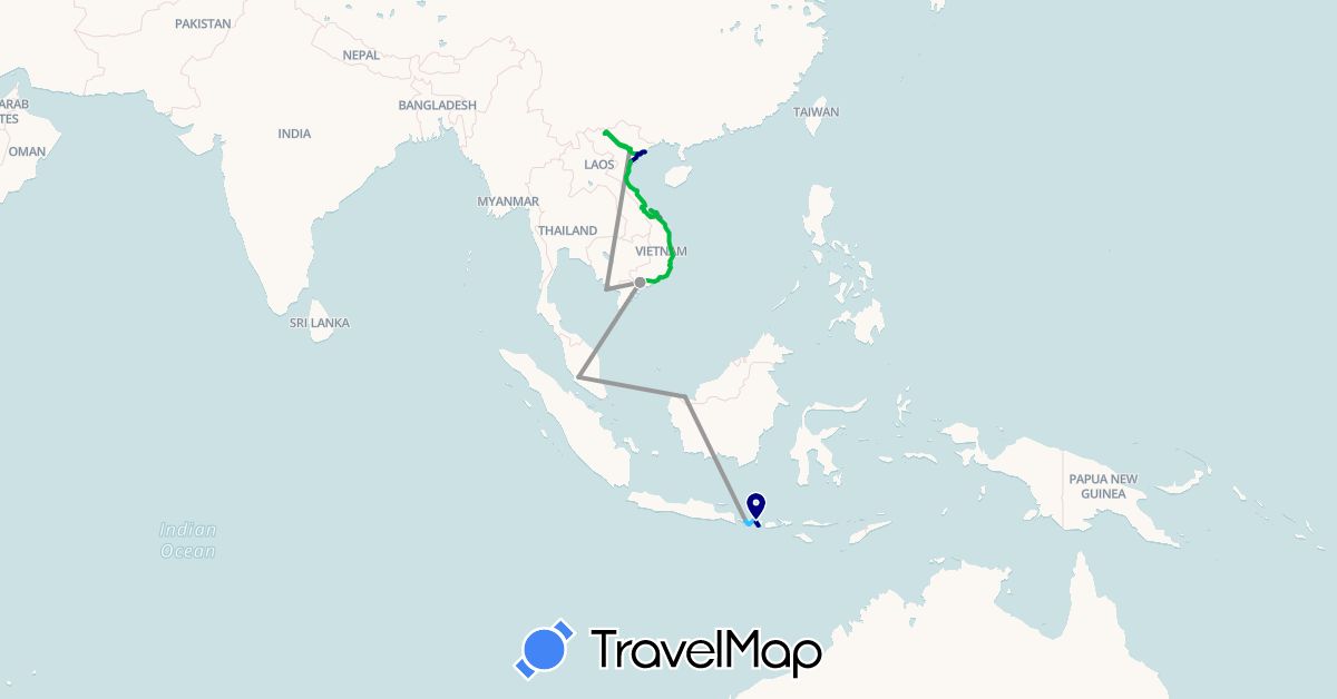 TravelMap itinerary: driving, bus, plane, train, boat in Indonesia, Malaysia, Vietnam (Asia)