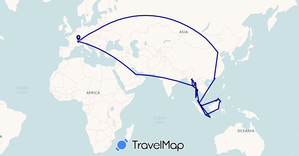 TravelMap itinerary: driving in Brunei, Switzerland, China, Czech Republic, Hong Kong, Indonesia, Myanmar (Burma), Mongolia, Macau, Malaysia, Poland, Qatar, Singapore, Thailand (Asia, Europe)